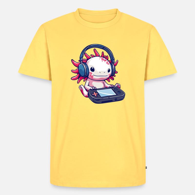 Axolotl mit Kopfhörern und Gaming-Controller - Männer Premium Bio T-Shirt - Pastellgelb