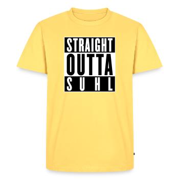 Tout droit sorti de Suhl (couleurs changeantes) - T-shirt Premium bio Homme - jaune pastel - Devant - AI Model Male 185 dark (185cm)