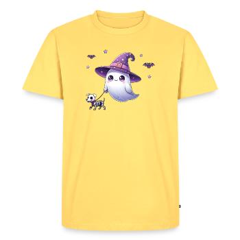 Witch Ghost with Skeleton Dog – Halloween Shirt - Men's Premium Organic T-Shirt - sky yellow - Front - AI Model Male 185 dark (185cm)