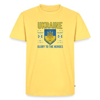 T-shirt Ukraine Crest Glory - T-shirt Premium bio Homme - jaune pastel - Devant - AI Model Male 185 dark (185cm)