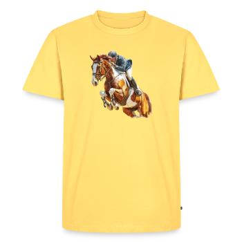 Cavalier au galop en saut - T-shirt Premium bio Homme - jaune pastel - Devant - AI Model Male 185 dark (185cm)