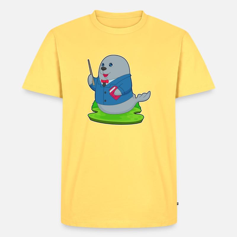 Seehund Lehrer Buch Schule - Männer Premium Bio T-Shirt - Pastellgelb
