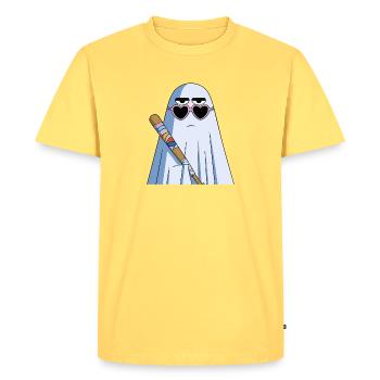 Fantôme sarcastique avec des ombres de cœur et une chauve-souris - T-shirt Premium bio Homme - jaune pastel - Devant - AI Model Male 185 dark (185cm)