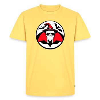 Lama Halloween Sorcière Chapeau Chauve-souris Alpaga Cool Mignon - T-shirt Premium bio Homme - jaune pastel - Devant - AI Model Male 185 dark (185cm)