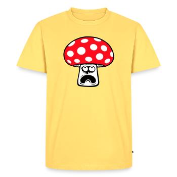 Mushroom frightened, panicking, looking up, - Men's Premium Organic T-Shirt - sky yellow - Front - AI Model Male 185 dark (185cm)