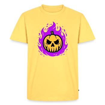 Citrouille orange avec flammes violettes - T-shirt Premium bio Homme - jaune pastel - Devant - AI Model Male 185 dark (185cm)