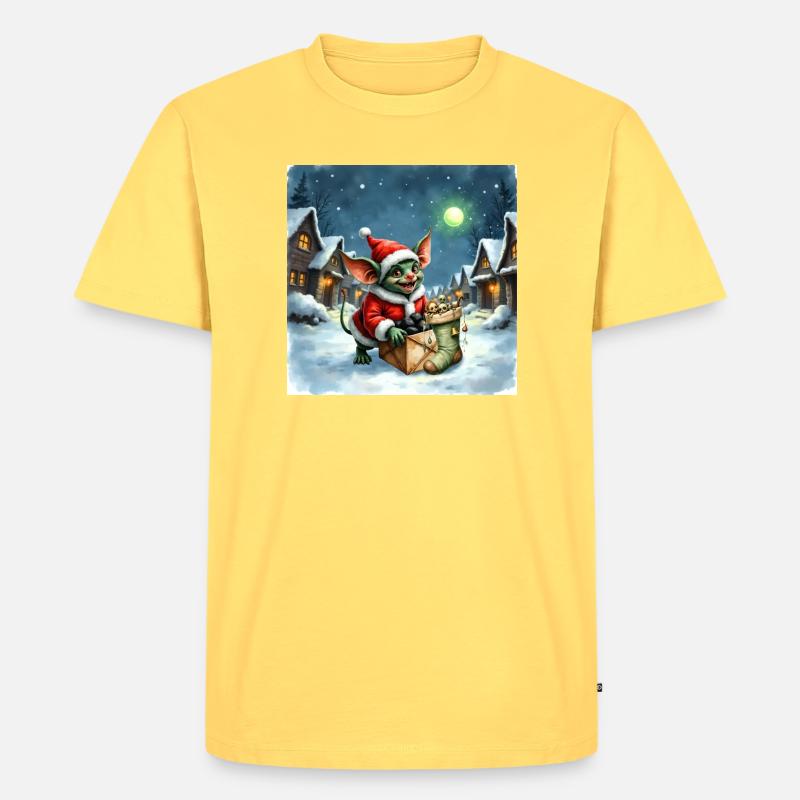 Weihnachtself schiebt verschneites Geschenk - Männer Premium Bio T-Shirt - Pastellgelb