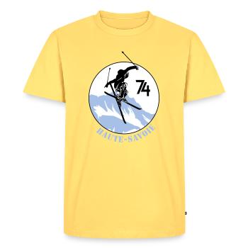 Design Haute-Savoie 74 - T-shirt Premium bio Homme - jaune pastel - Devant - AI Model Male 185 dark (185cm)