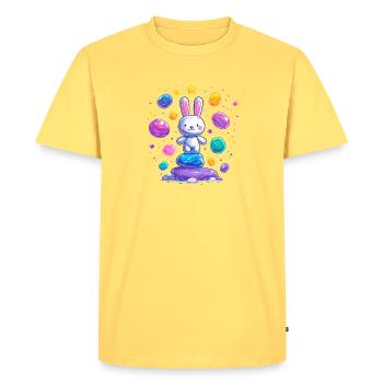 Cheerful bunny on colorful eggs - Men's Premium Organic T-Shirt - sky yellow - Front - AI Model Male 185 dark (185cm)