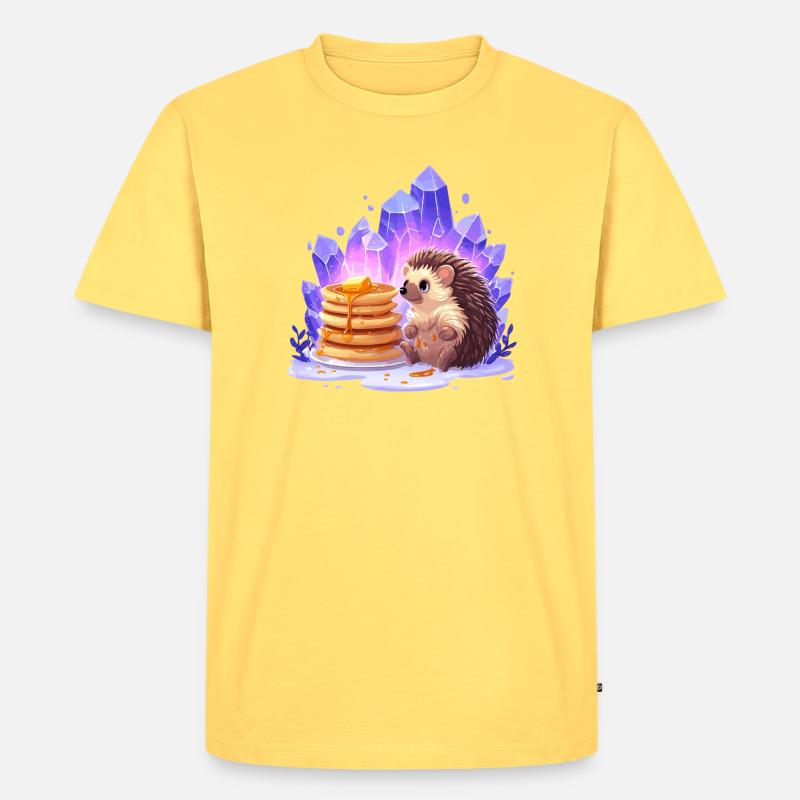 Igel mit Pfannkuchen und Kristallen - Männer Premium Bio T-Shirt - Pastellgelb