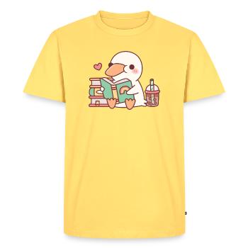 Cute White Duck Loves Reading Books - Men's Premium Organic T-Shirt - sky yellow - Front - AI Model Male 185 dark (185cm)