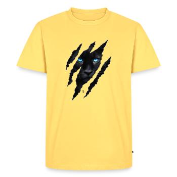 Black big cat with blue eyes - Men's Premium Organic T-Shirt - sky yellow - Front - AI Model Male 185 dark (185cm)