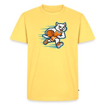 Mascotte Chat Dribbling Rapide de Basketball - T-shirt Premium bio Homme - jaune pastel - Devant - AI Model Male 185 dark (185cm)