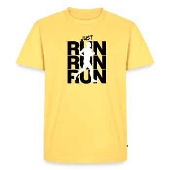 JUST RUN RUN RUN, JOGGING RUNNING RUNNING INTENT FIT - Men's Premium Organic T-Shirt - sky yellow - Front - AI Model Male 185 dark (185cm)