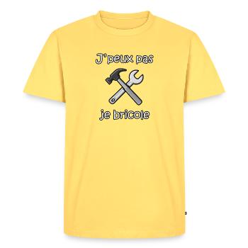 Je peux pas je bricole – Humour bricoleur - T-shirt Premium bio Homme - jaune pastel - Devant - AI Model Male 185 dark (185cm)