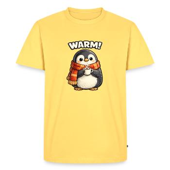 Warming penguin with coffee - Men's Premium Organic T-Shirt - sky yellow - Front - AI Model Male 185 dark (185cm)