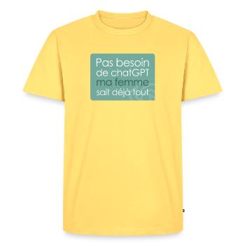 Humor woman and chatGPT - Men's Premium Organic T-Shirt - sky yellow - Front - AI Model Male 185 dark (185cm)
