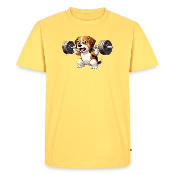 Beagle Workout Bodybuilding Barbell Training Motif - Men's Premium Organic T-Shirt - sky yellow - Front - AI Model Male 185 dark (185cm)