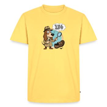 Chien détective et jouet disparu - T-shirt Premium bio Homme - jaune pastel - Devant - AI Model Male 185 dark (185cm)