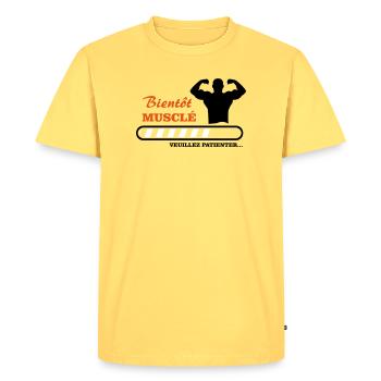 Bientôt musclé  - T-shirt Premium bio Homme - jaune pastel - Devant - AI Model Male 185 dark (185cm)