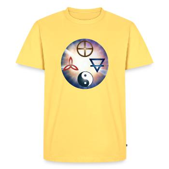 Cosmic Balance Yin Yang and Sacred Seals - Men's Premium Organic T-Shirt - sky yellow - Front - AI Model Male 185 dark (185cm)