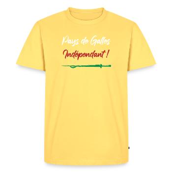 Pays de Galles Indépendant ! Perceval - T-shirt Premium bio Homme - jaune pastel - Devant - AI Model Male 185 dark (185cm)