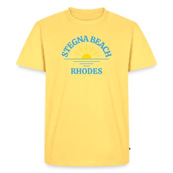Rhodes Sunrise Beach Logo - Men's Premium Organic T-Shirt - sky yellow - Front - AI Model Male 185 dark (185cm)