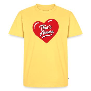 C’est le jeu de mots « AiMore » avec elle - T-shirt Premium bio Homme - jaune pastel - Devant - AI Model Male 185 dark (185cm)