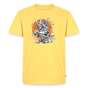 Samurai with Sakura and Orange Circle - Men's Premium Organic T-Shirt - sky yellow - Front - AI Model Male 185 dark (185cm)