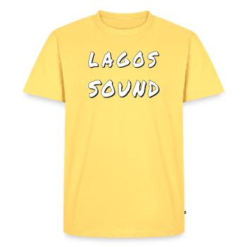 Lagos Sound – Algarve Music Design - T-shirt Premium bio Homme - jaune pastel - Devant - AI Model Male 185 dark (185cm)