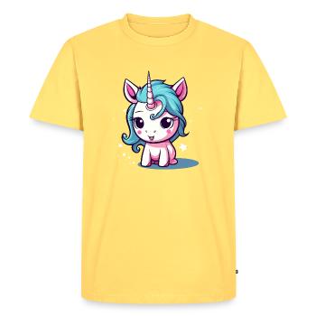 Autocollant licorne aux cheveux bleus - T-shirt Premium bio Homme - jaune pastel - Devant - AI Model Male 185 dark (185cm)