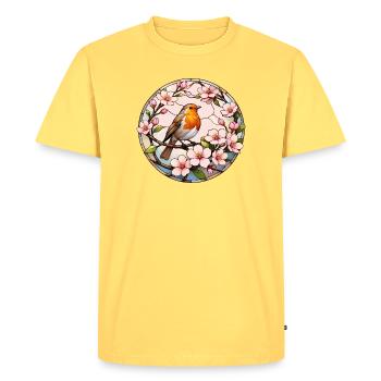 Rouge-gorge avec motif printanier en fleurs de cerisier - T-shirt Premium bio Homme - jaune pastel - Devant - AI Model Male 185 dark (185cm)
