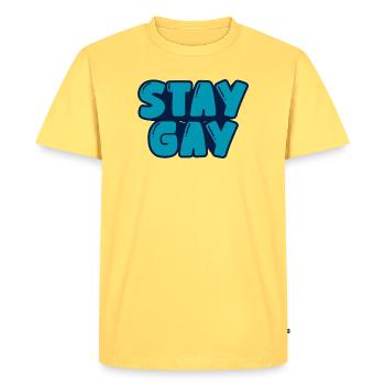 stay gay - Men's Premium Organic T-Shirt - sky yellow - Front - AI Model Male 185 dark (185cm)