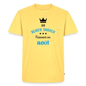 Cadeau naissance bébé garçon Août Beaux Gosses BG - T-shirt Premium bio Homme - jaune pastel - Devant - AI Model Male 185 dark (185cm)