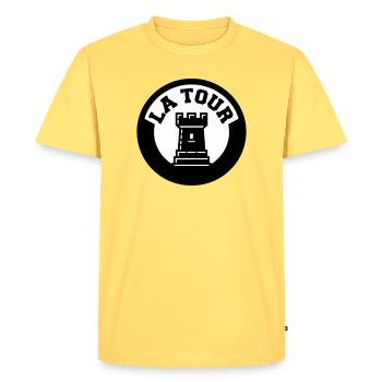 Logo La Tour Pièce d'Échecs Style Emblème Cercle - T-shirt Premium bio Homme - jaune pastel - Devant - AI Model Male 185 dark (185cm)