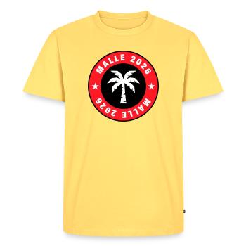 Malle 2026 Palm Tree Circle - Men's Premium Organic T-Shirt - sky yellow - Front - AI Model Male 185 dark (185cm)