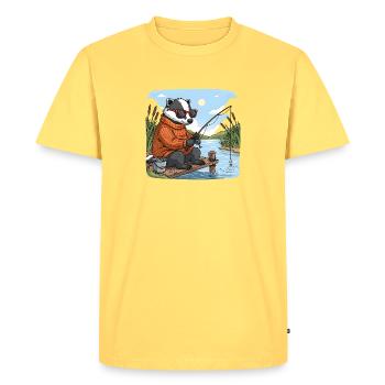 Cool badger fishing at the lake - Men's Premium Organic T-Shirt - sky yellow - Front - AI Model Male 185 dark (185cm)