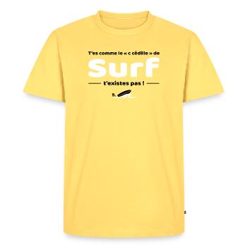 T'es comme de c cedille de surf - Replique culte - T-shirt Premium bio Homme - jaune pastel - Devant - AI Model Male 185 dark (185cm)