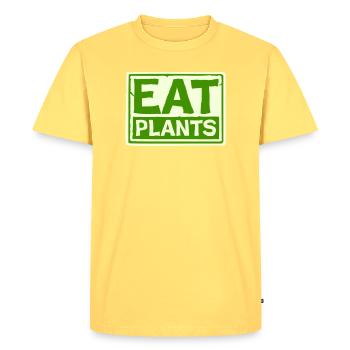 Eat Plants Funny Vegan Vegetarian Statement Logo - Men's Premium Organic T-Shirt - sky yellow - Front - AI Model Male 185 dark (185cm)