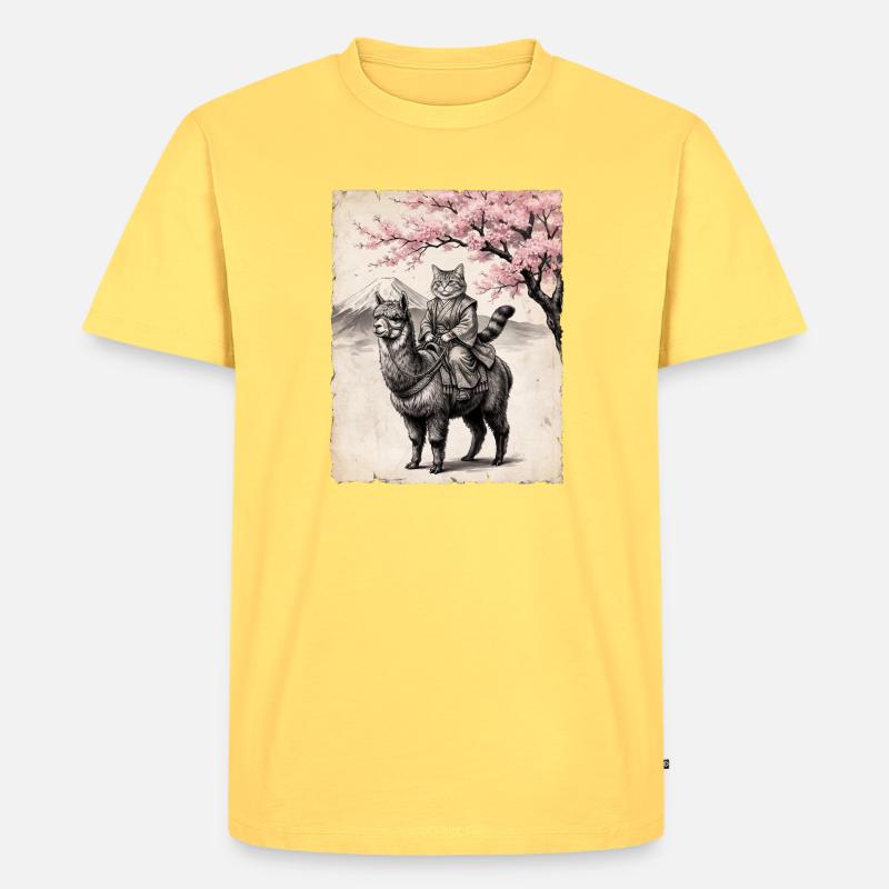 Katze reitet Lama - Männer Premium Bio T-Shirt - Pastellgelb