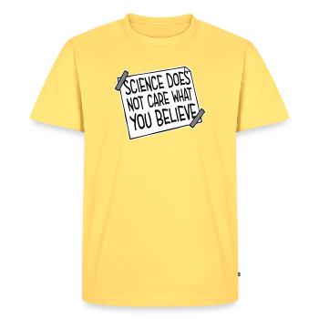 La science se moque de ce que vous croyez Logo des faits - T-shirt Premium bio Homme - jaune pastel - Devant - AI Model Male 185 dark (185cm)