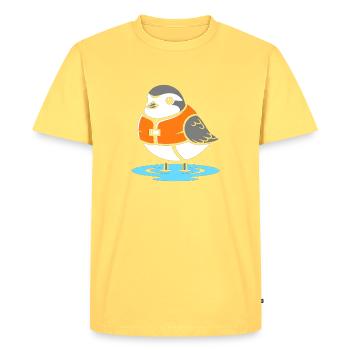 Dessin animé Oiseau avec Gilet de Sauvetage - T-shirt Premium bio Homme - jaune pastel - Devant - AI Model Male 185 dark (185cm)