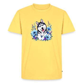 Blue Huskie in a Flower Wreath - Men's Premium Organic T-Shirt - sky yellow - Front - AI Model Male 185 dark (185cm)