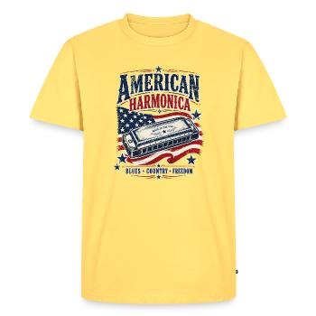 Instrument : Harmonica, musique country, harmonica - T-shirt Premium bio Homme - jaune pastel - Devant - AI Model Male 185 dark (185cm)