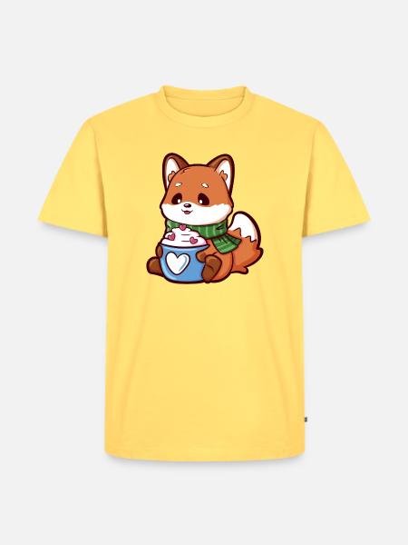 Kuschelfuchs mit Herztasse - Männer Premium Bio T-Shirt - Pastellgelb