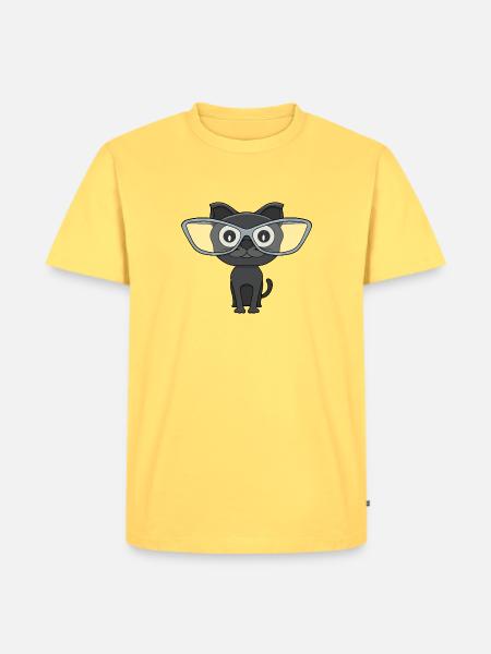 Süße schwarze Katze mit Nerd-Brille - Männer Premium Bio T-Shirt - Pastellgelb