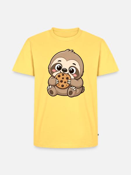 Süßes Faultier mit Keks Cartoon - Männer Premium Bio T-Shirt - Pastellgelb