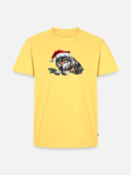 Weihnachtswolf-Weihnachtsmützen-Kunst - Männer Premium Bio T-Shirt - Pastellgelb