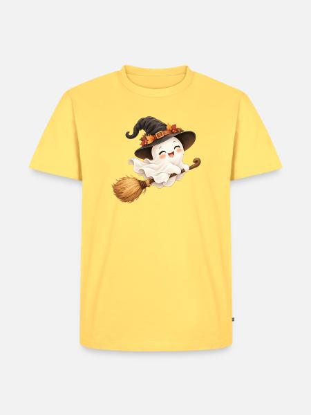 Halloween-Geist auf dem Hexenbesen - Männer Premium Bio T-Shirt - Pastellgelb