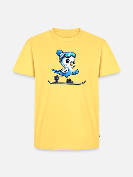 Wellensittich Skifahrer im Cartoon Stil - Männer Premium Bio T-Shirt - Pastellgelb